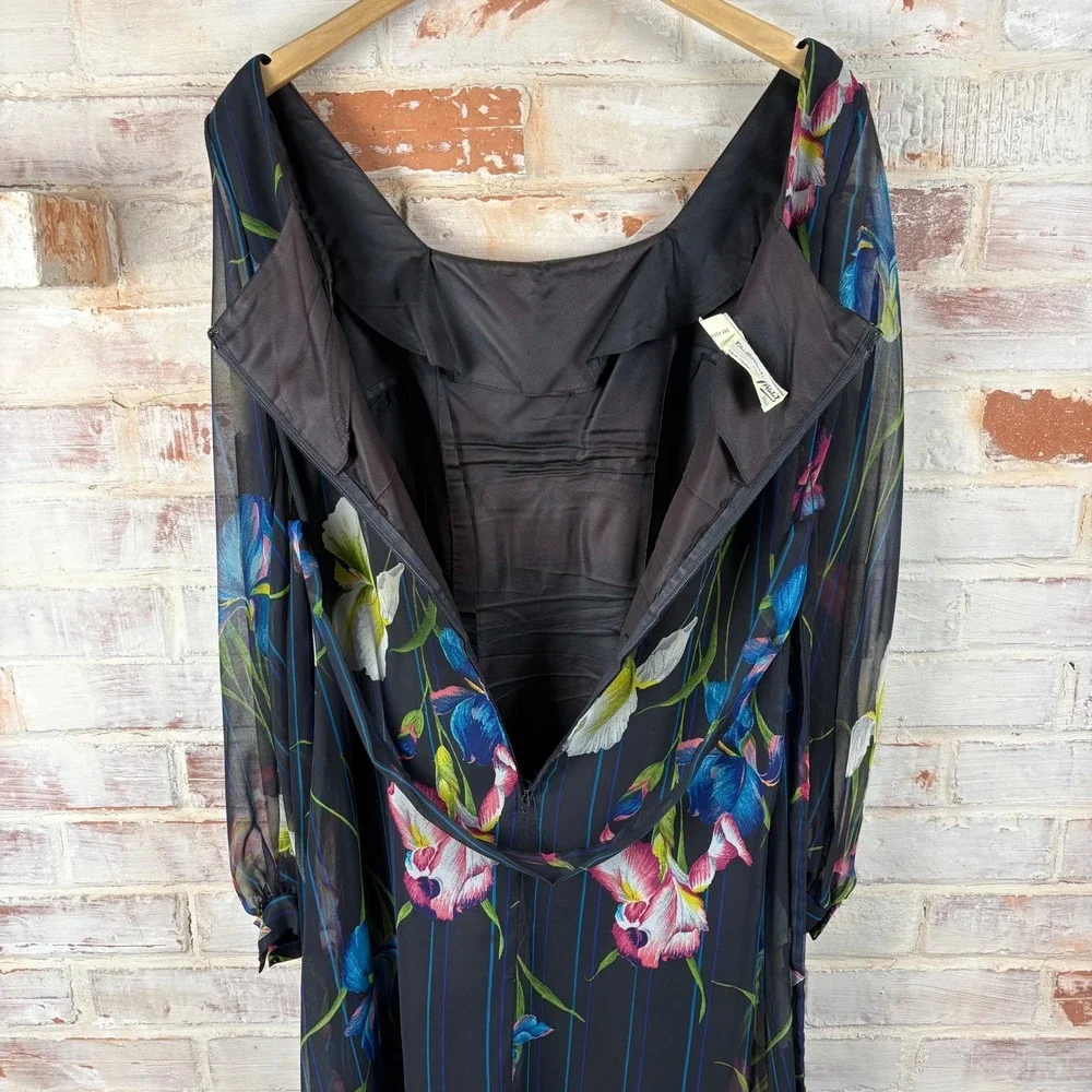 Vintage 1970s Chiffon Floral Dress Sheer Sleeve Romantic Prairie‎ Evening